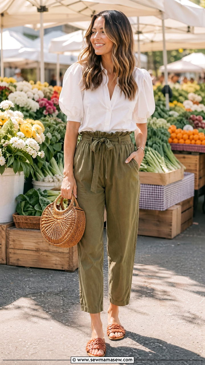 Cotton poplin puff sleeve blouse with paperbag waist pants spring farmers market outfit - 35 spring farmers market outfit ideas