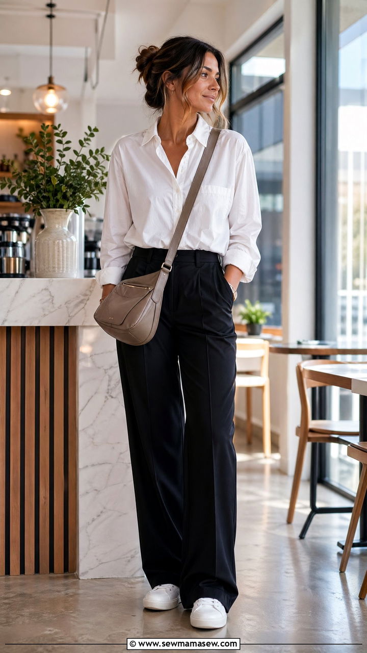 Cotton poplin shirt wide leg trousers and large capacity crossbody - 35 Crossbody bag outfit ideas