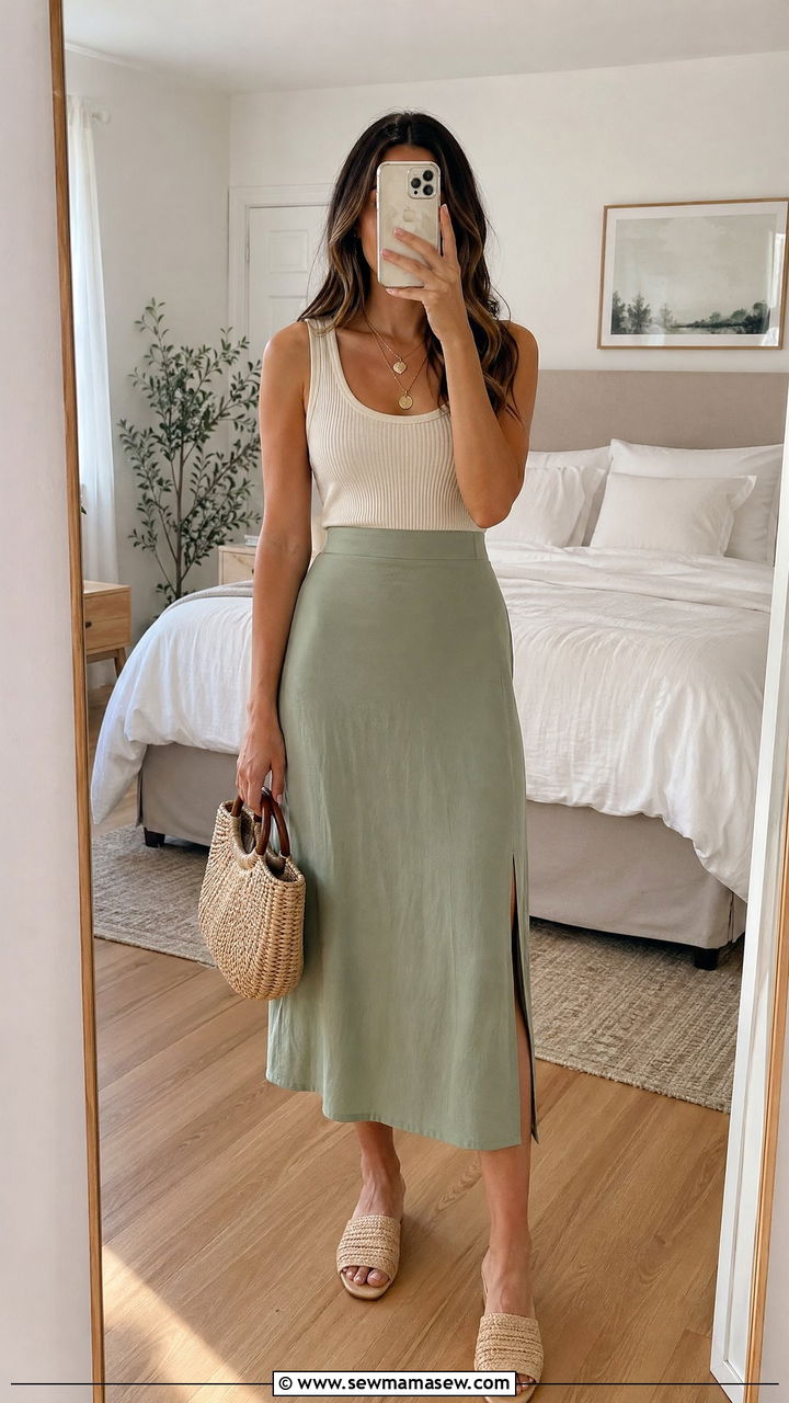 Cotton ribbed tank with muted green skirt - 35 Summer outfits for 30 year old woman