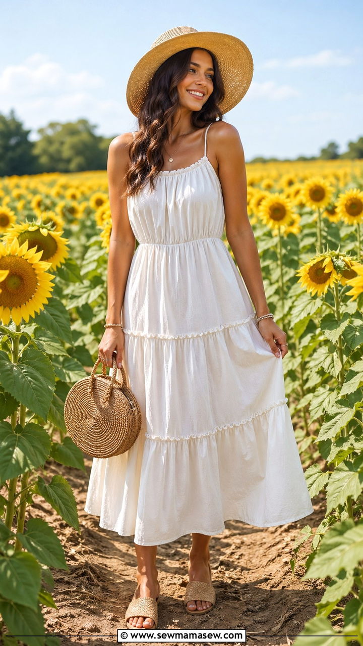 Cotton sundress with woven slide sandals - 30 Slide sandal outfit ideas