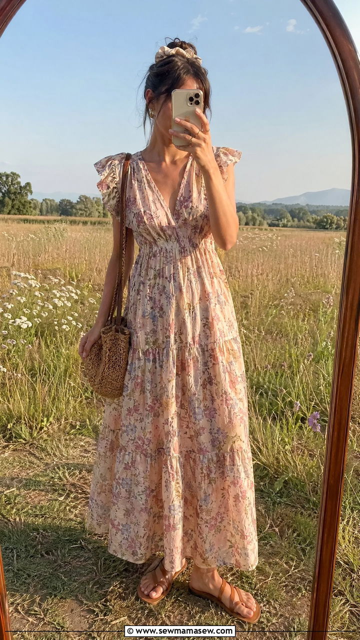 Cotton voile maxi dress and scrunchie updo outfit - 35 summer effortless chic outfit ideas