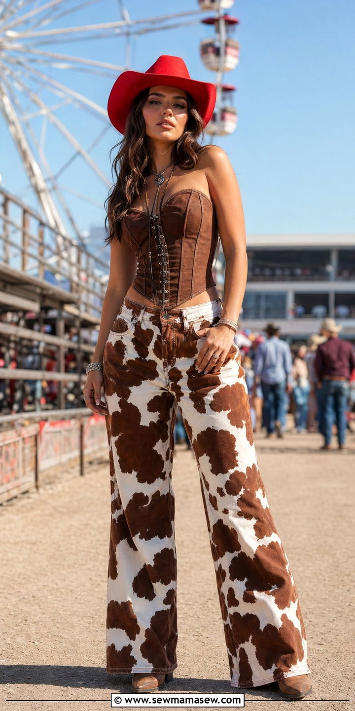 Cow Print Pants and Red Cowboy Hat with Corset Top - 35 Rodeo outfit ideas for women
