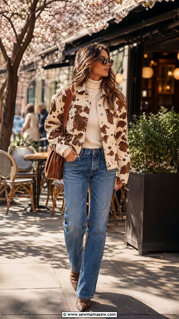 Cow print jacket with straight leg jeans and western boots - 35 Streetwear spring outfits