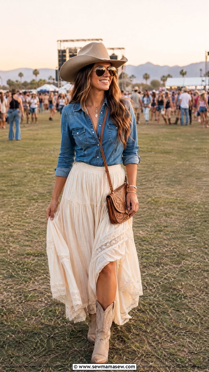 Cowboy hat with denim top and flowy maxi skirt concert outfit - 35 cute concert outfits