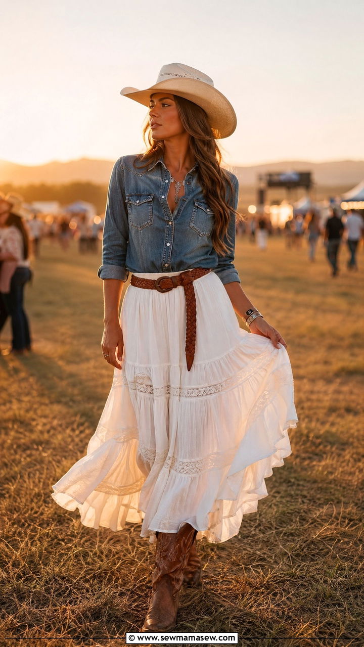 Cowgirl Hat with Denim Top and Flowy Maxi Skirt - 35 cute music festival outfits