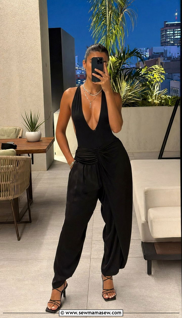 Cowl Back Balloon Pants With Plunging Bodysuit - 30 balloon pants outfits