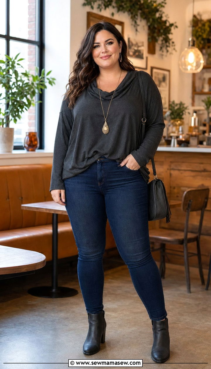 Cowl Neck Draped Top With Skinny Jeans for Curvy Women - 30 Best tops for curvy women