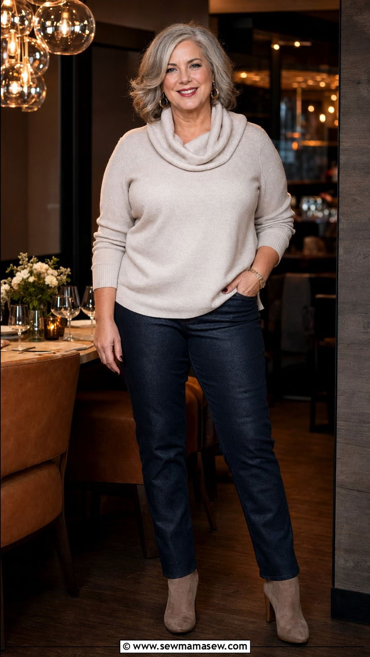 Cowl Neck Sweater With Coated Denim - 35 Plus size outfits for women over 50