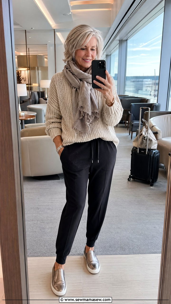 Cozy Airport Knit With Easy Joggers - 35 Vacation outfit ideas for women over 60