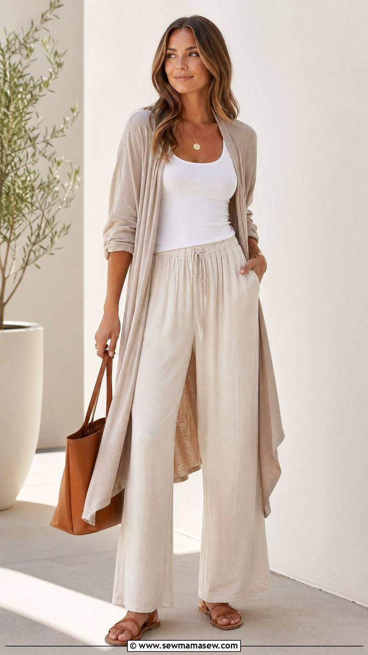 Cozy Cardigan Over a Tank Top With Wide Leg Pants and Flat Sandals - 35 comfy outfit ideas for women