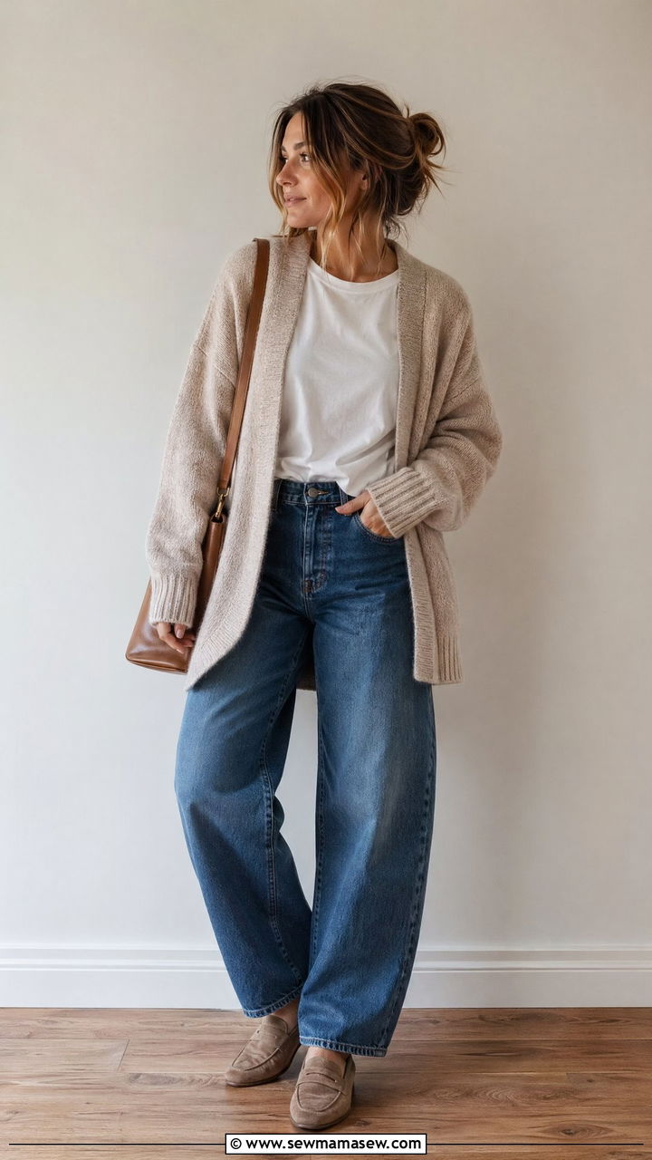 Cozy Cardigan With White Tee And Barrel Leg Jeans - 35 casual outfits aesthetic