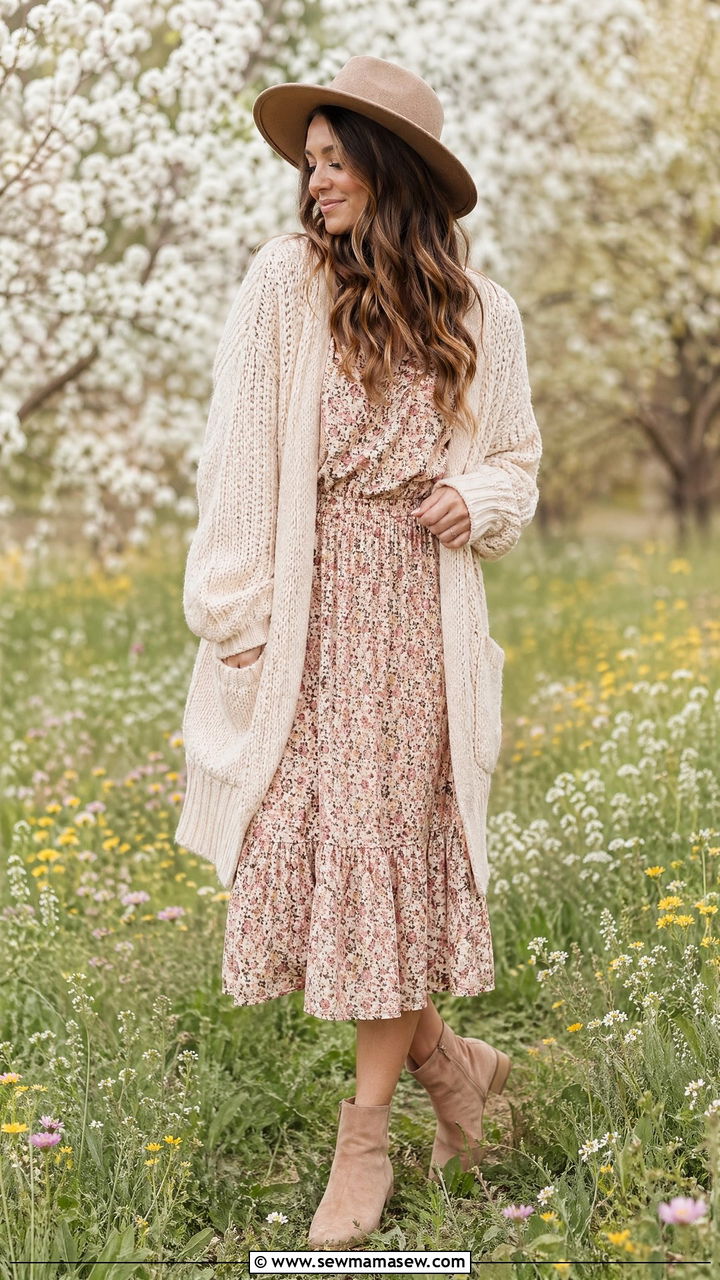 Cozy Cardigan and Floral Dress Outfit - 35 Spring outfits for stay at home moms