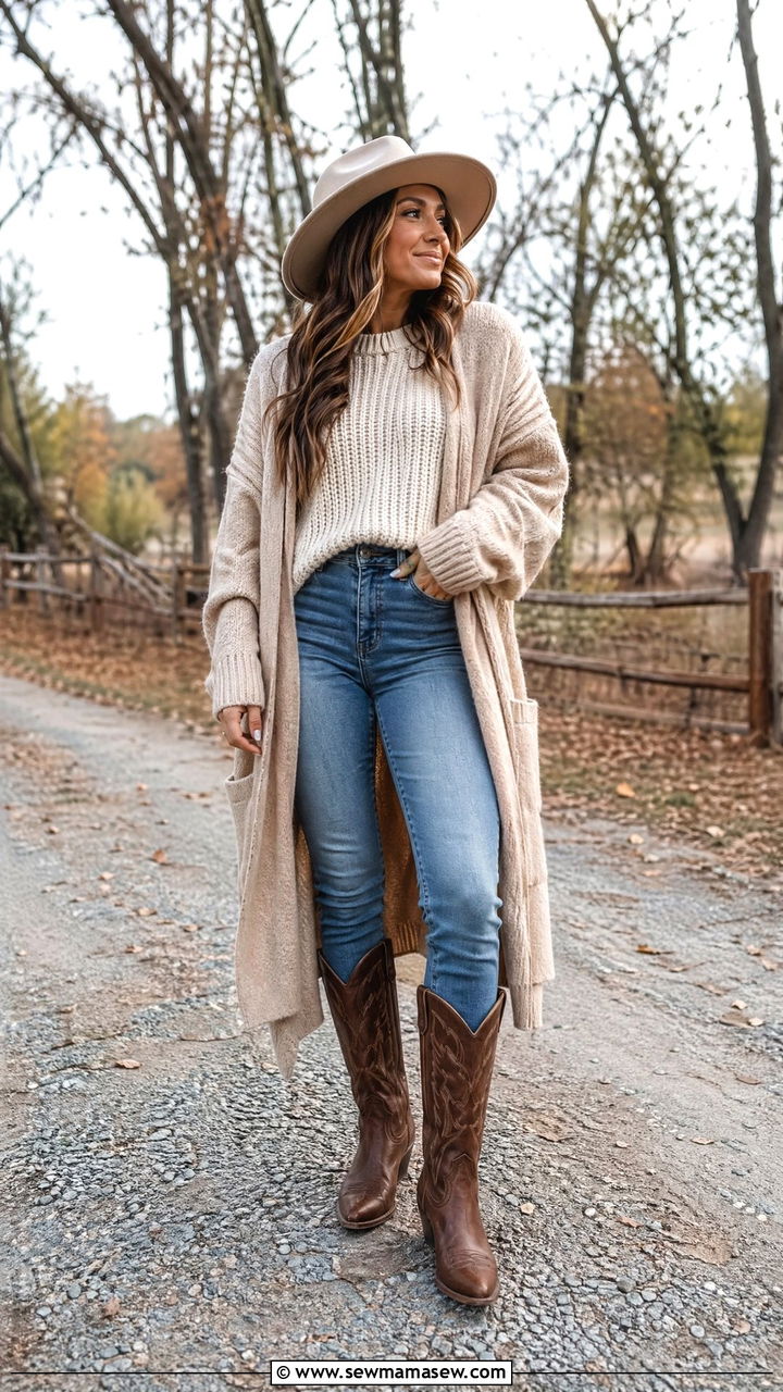 Cozy Cardigan and Sweater with Tall Cowboy Boots - 35 country concert outfit ideas for women