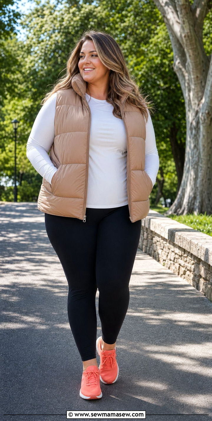 Cozy Puffer Vest With Classic Leggings - 35 Plus size gym outfit ideas