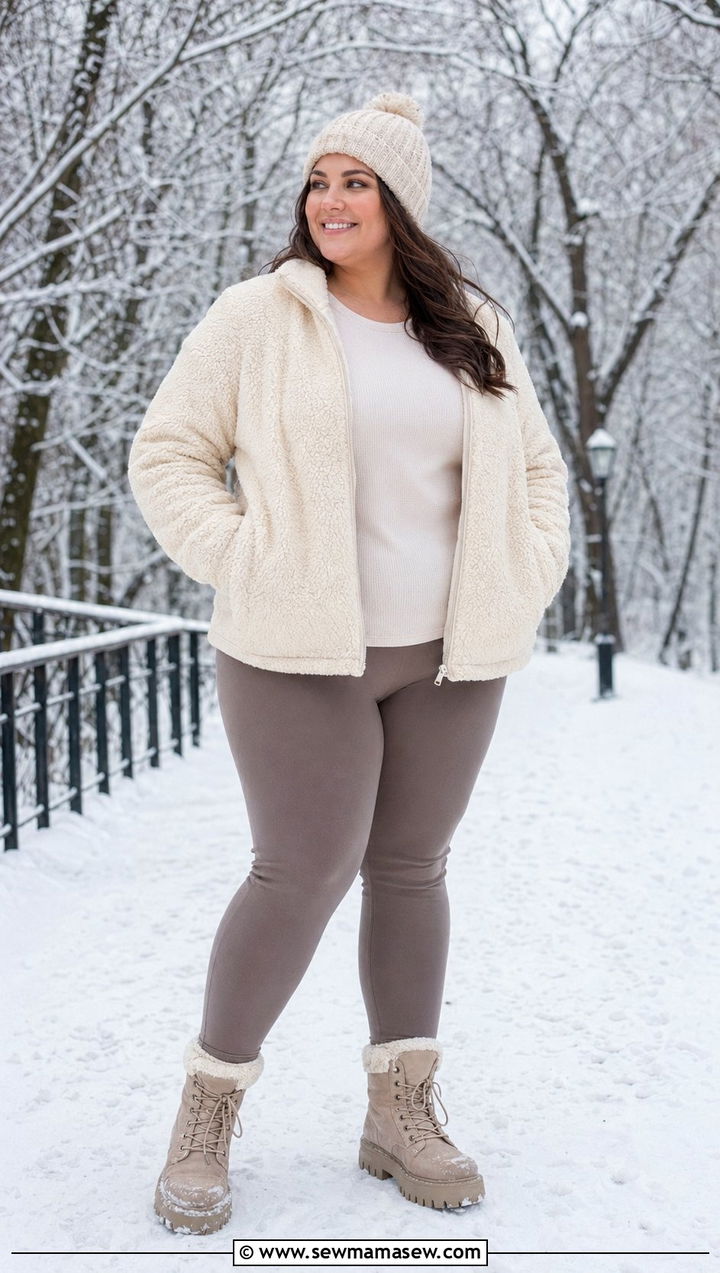 Cozy Sherpa Jacket Thermal Tee and Leggings - 35 Plus size outfit ideas size 22