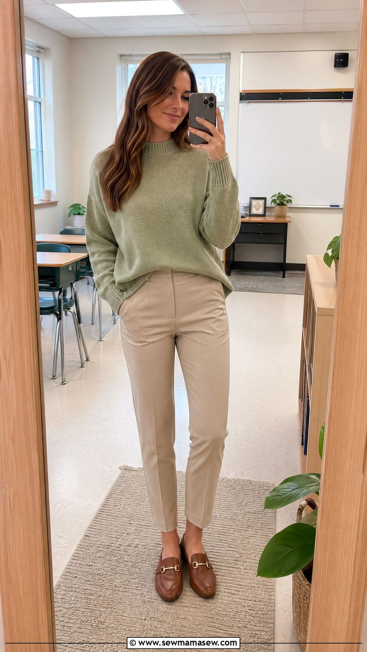 Cozy Sweater With Beige Trousers and Loafers - 35 teacher outfits for women