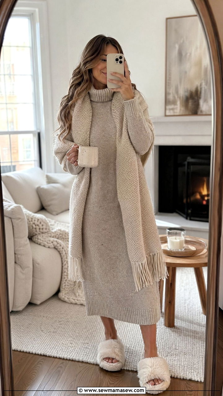 Cozy knit dress with slippers - 35 Chic loungewear outfit ideas