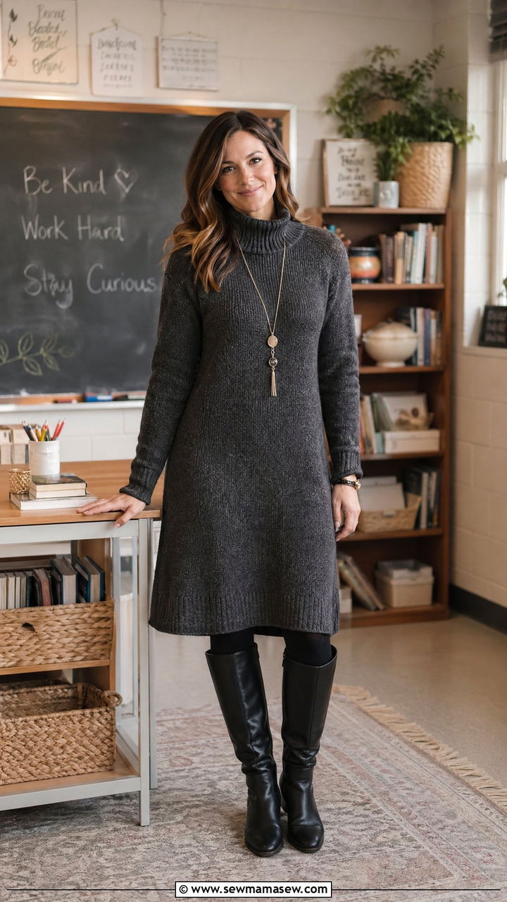 Cozy knit sweater dress with tights and knee high boots - 35 Teacher outfit ideas for school