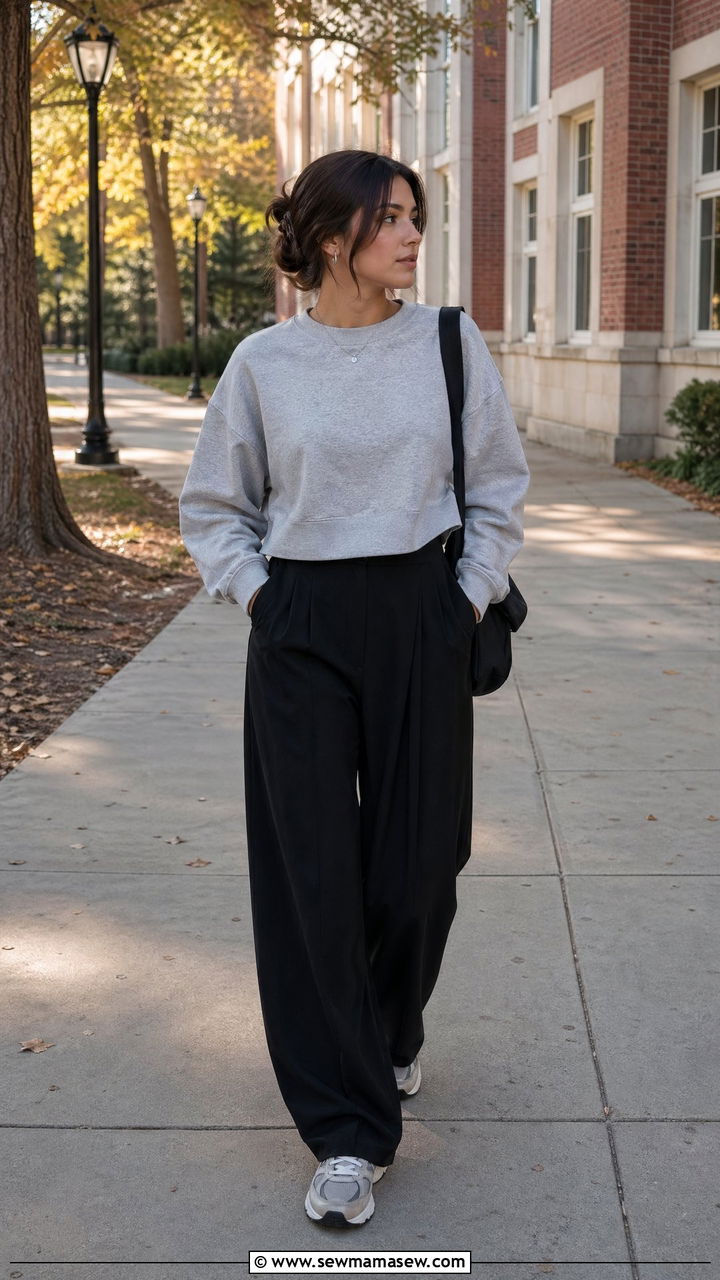 Cozy sweatshirt with wide leg trousers and retro sneakers - 35 cute college outfits