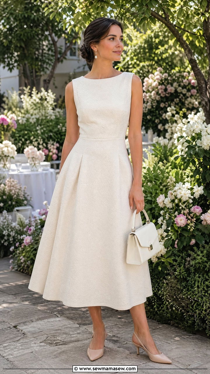 Cream A line midi dress with kitten heels - 35 casual old money outfits