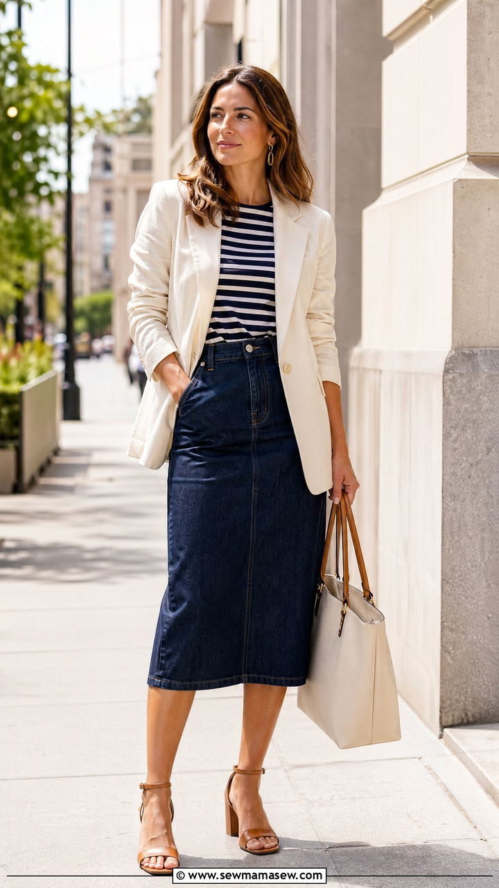 Cream Blazer and Striped Tee with Dark Denim Midi Skirt - 35 coastal grandmother outfits for women