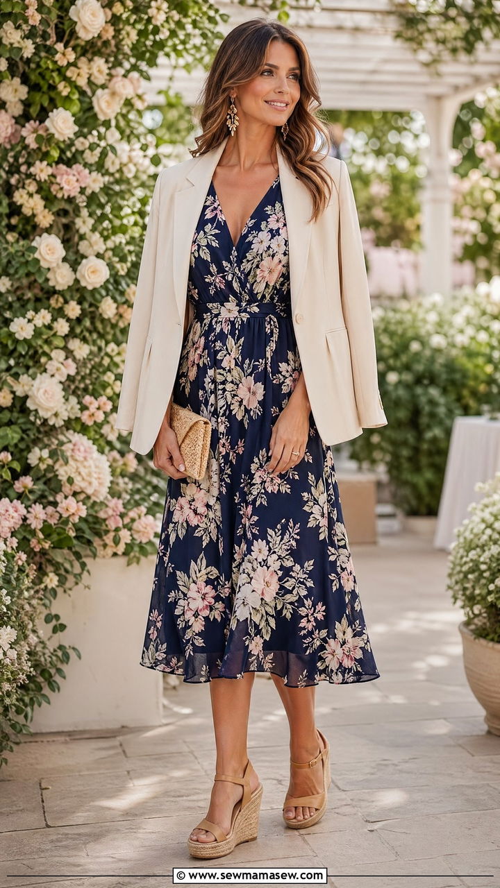 Cream Blazer with Floral Midi Dress and Wedge Sandals - 35 Summer outfits with blazers