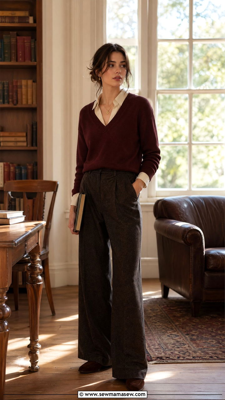 Cream Blouse Outfit With V Neck Sweater And Wide Leg Pants - 35 Dark academia outfit ideas