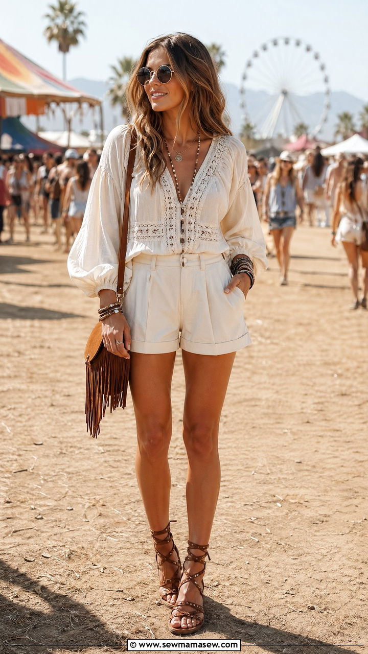 Cream Boho Blouse With Cream Tailored Shorts - 35 summer cream outfit ideas