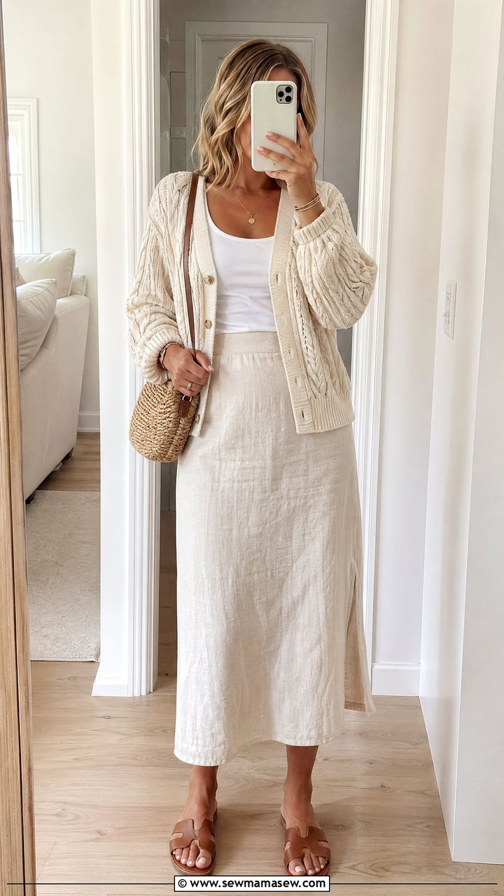 Cream Cable Knit Cardigan and Linen Blend Midi Skirt - 35 coastal grandmother outfits for women