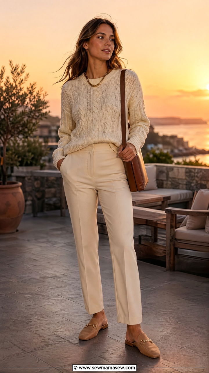 Cream Cable Knit Sweater With Cream Trousers - 35 summer cream outfit ideas