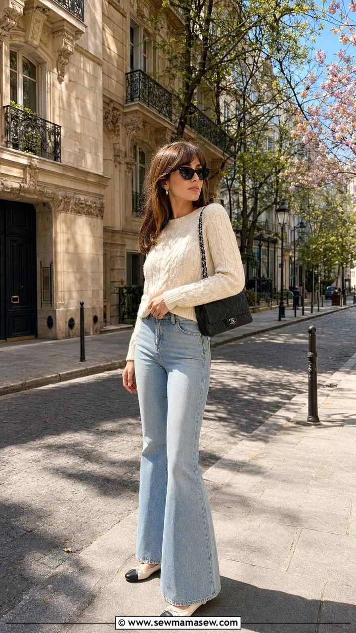 Cream Cable Knit Sweater With Flared Jeans and Cap Toe Flats - 35 Parisian spring outfit ideas