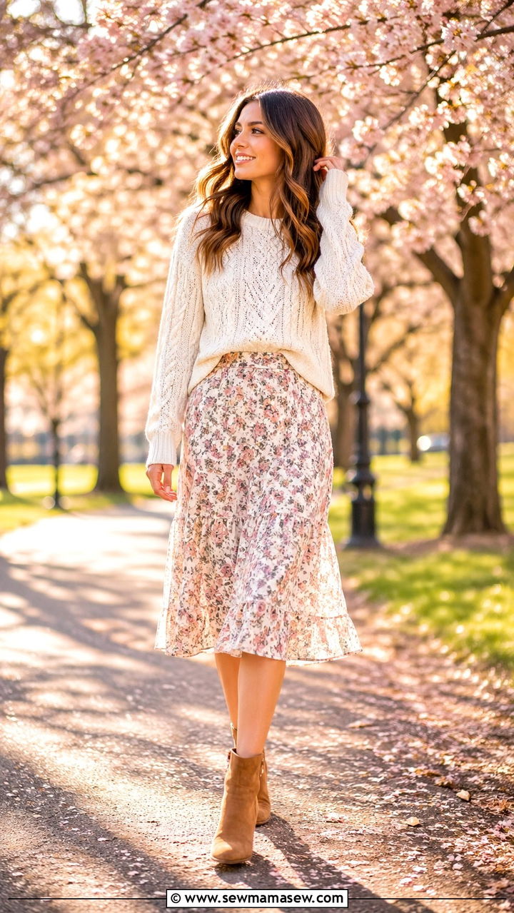 Cream Cable Knit Sweater With Floral Midi Skirt - 30 Soft girl spring outfits