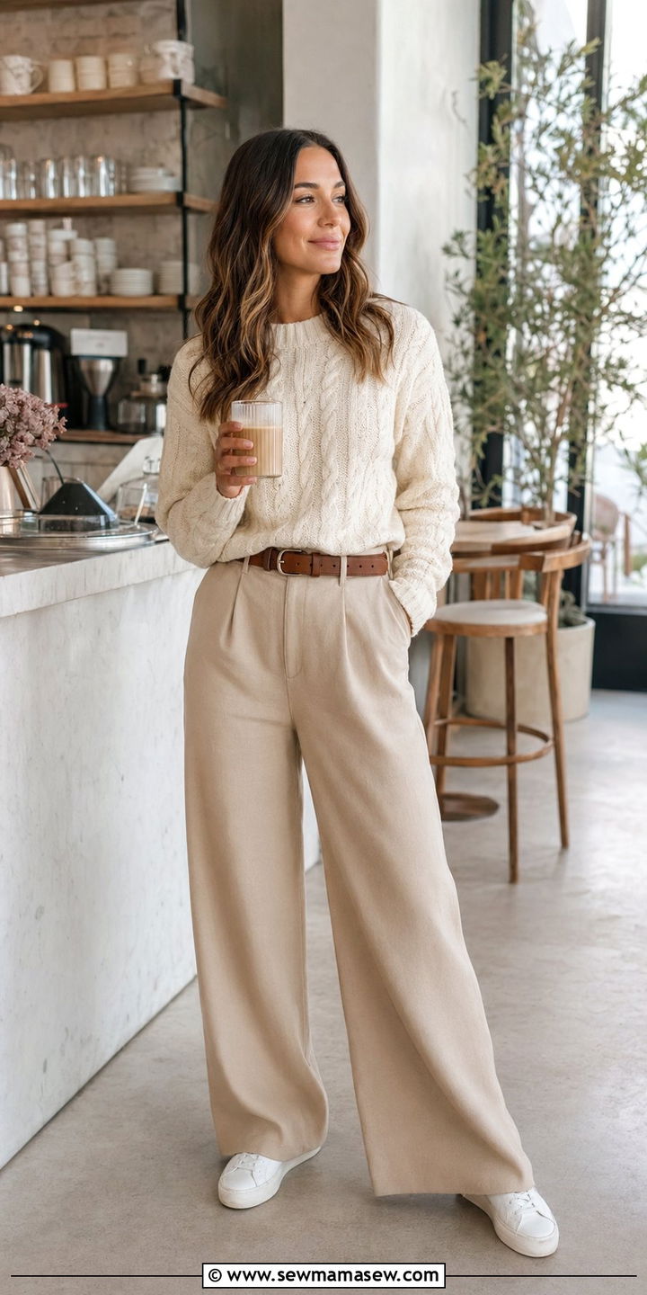 Cream Cable Knit Sweater and Beige Trousers With Sneakers - 35 Normcore outfit ideas