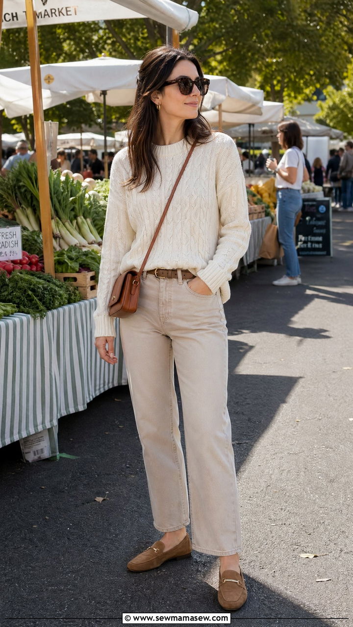 Cream Cable Knit Sweater with Beige Straight Leg Jeans - 35 transitional quiet luxury outfit ideas