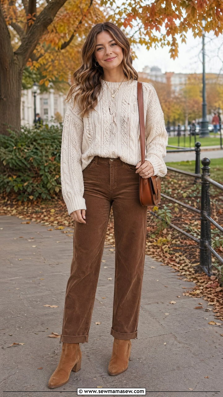 Cream Cable Knit Sweater with Brown Corduroy Pants - 35 Soft girl outfit ideas