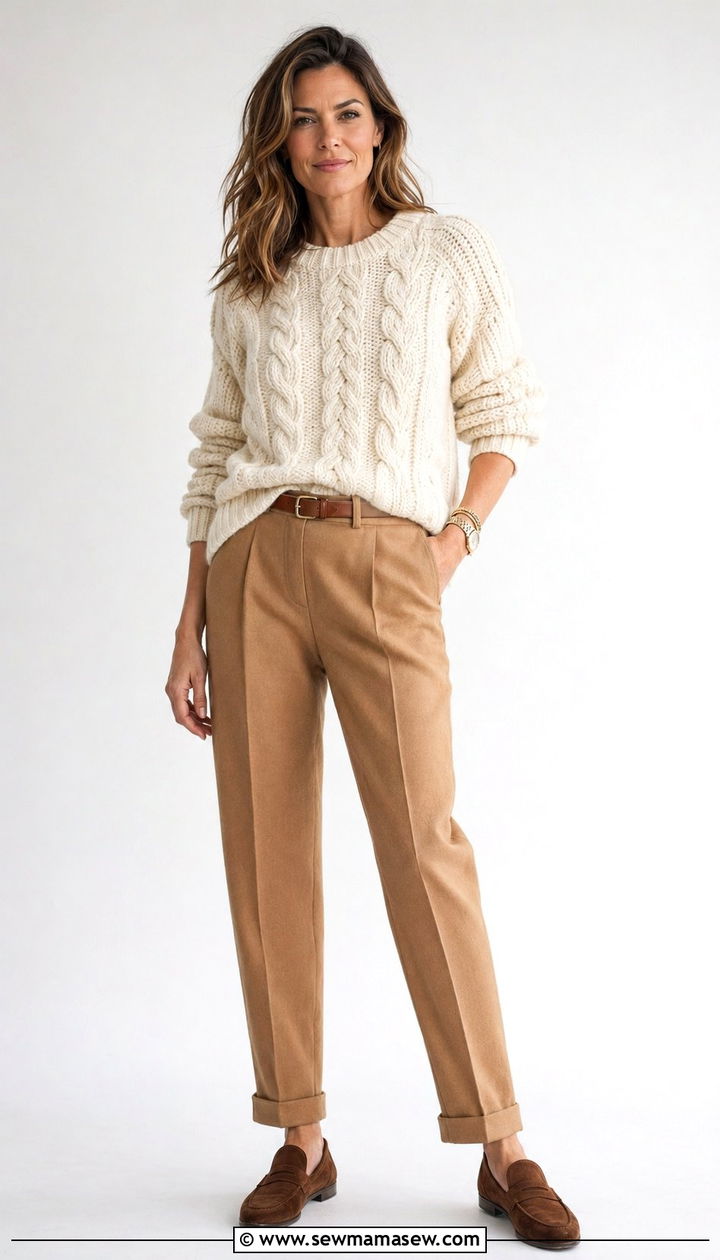 Cream Cable Knit with Tailored Trousers - 35 Old money outfit ideas for women over 40