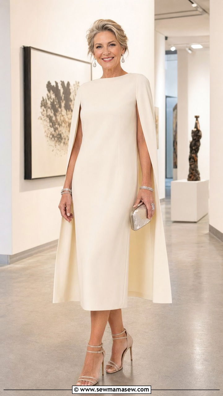 Cream Cape Dress and Silver Jewelry - 35 Old money outfits for women over 50