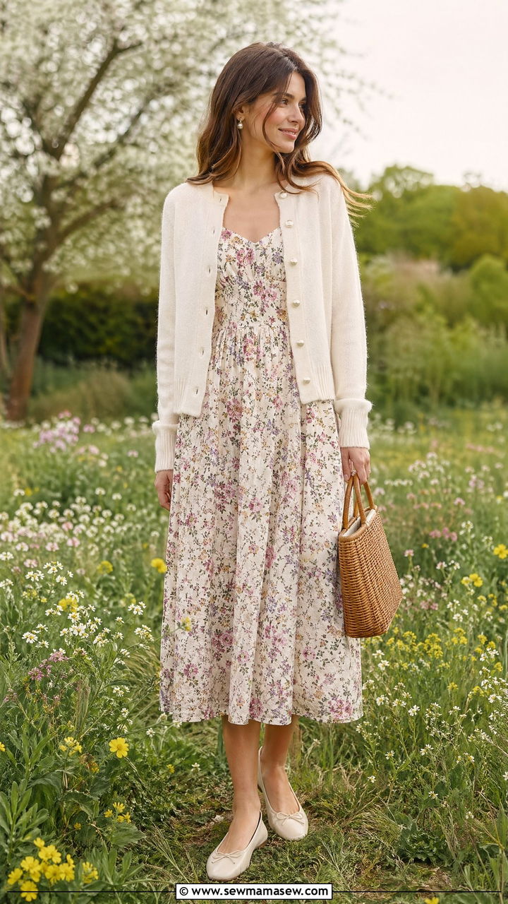 Cream Cardigan and Floral Dress Spring Outfit - 35 spring cream outfit ideas