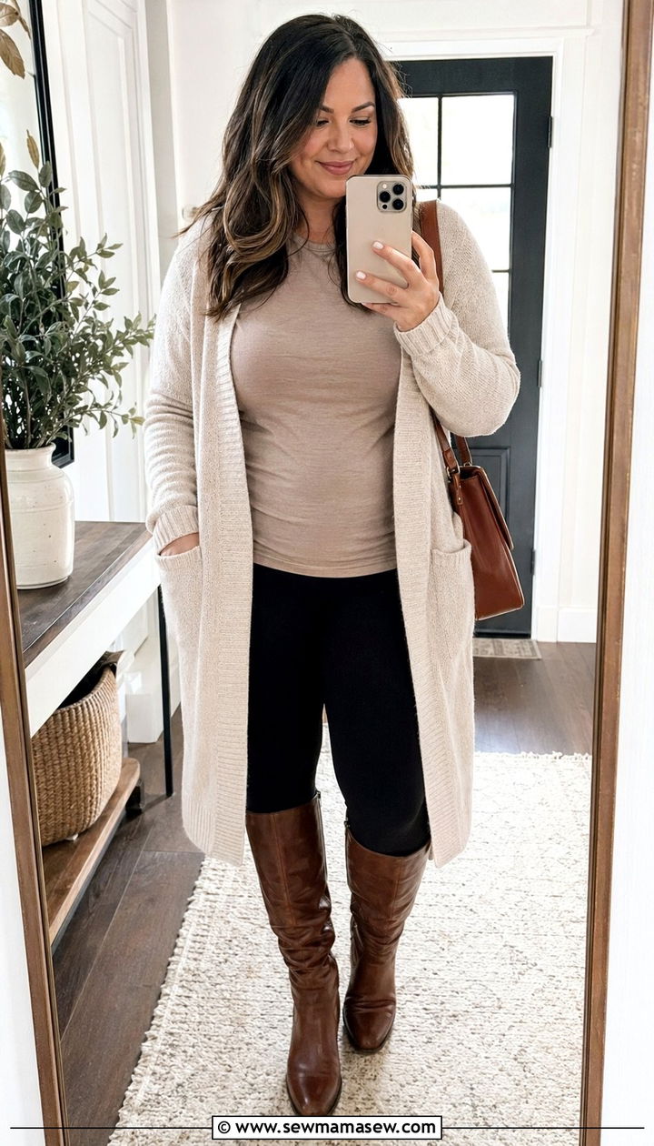 Cream Cardigan with Leggings and Boots - 35 Plus size mom outfit ideas