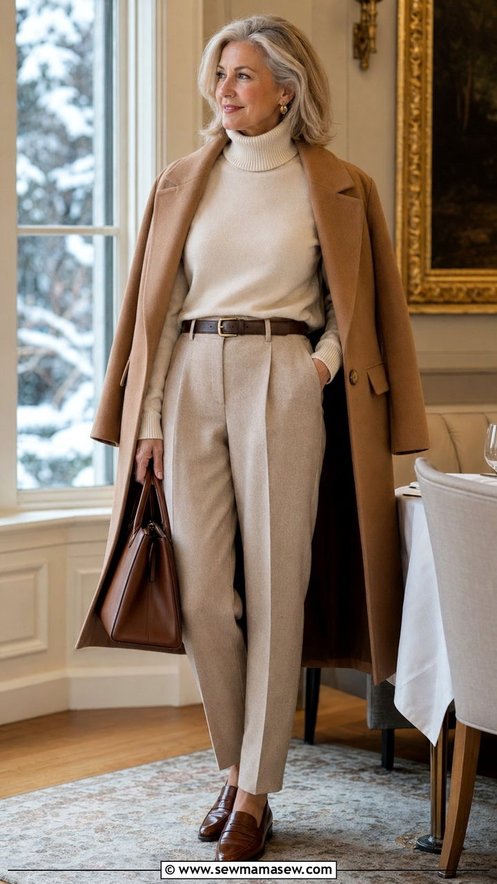 Cream Cashmere Turtleneck and High Waisted Beige Trousers - 35 Old money outfits for women over 50