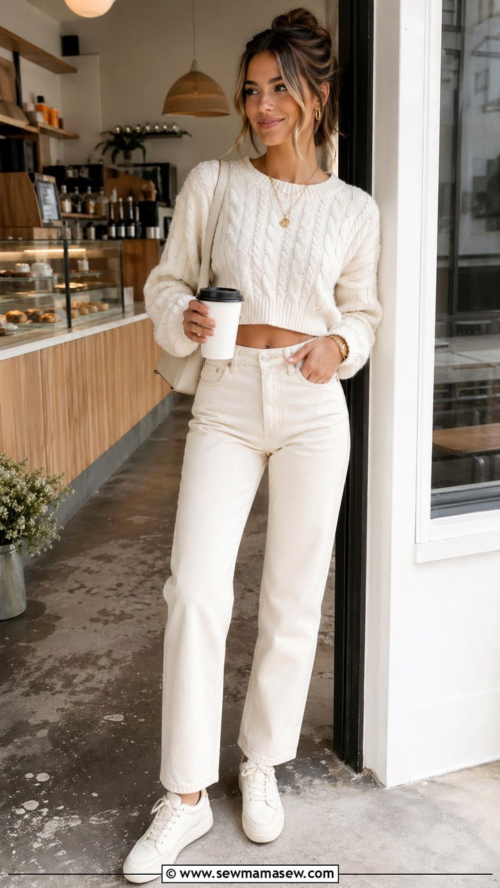 Cream Cropped Sweater and High Waisted Jeans - 40 All cream outfit ideas