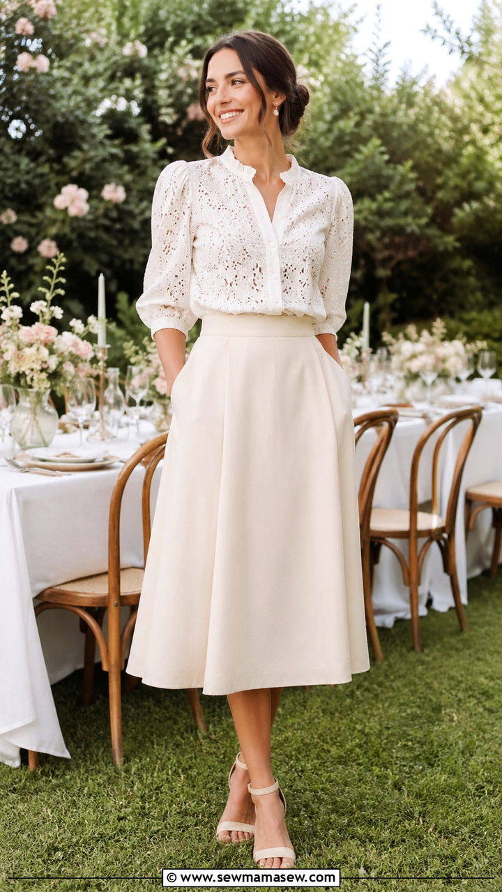 Cream Eyelet Blouse and A Line Midi Skirt - 40 All cream outfit ideas