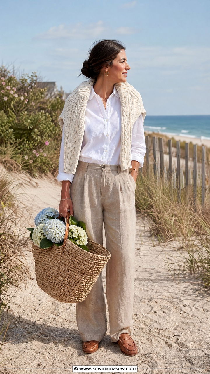 Cream Fisherman Sweater and Khaki Linen Trousers - 35 summer coastal grandmother outfit ideas