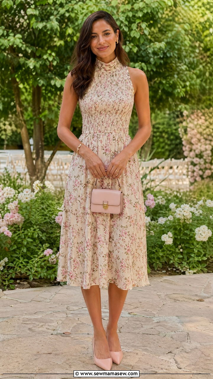 Cream Floral High Neck Midi Dress with Blush Heels - 35 spring wedding guest outfit ideas for women