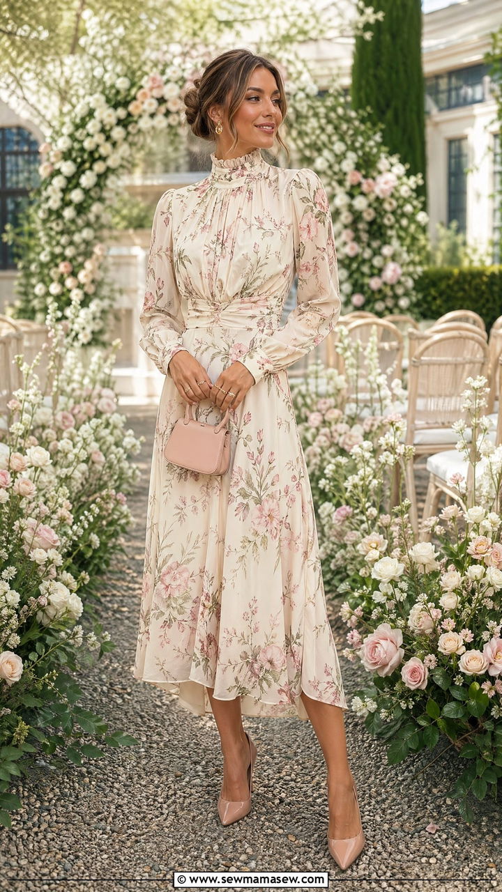 Cream Floral High Neck Midi Dress with Blush Pumps - 35 What to wear to a spring wedding