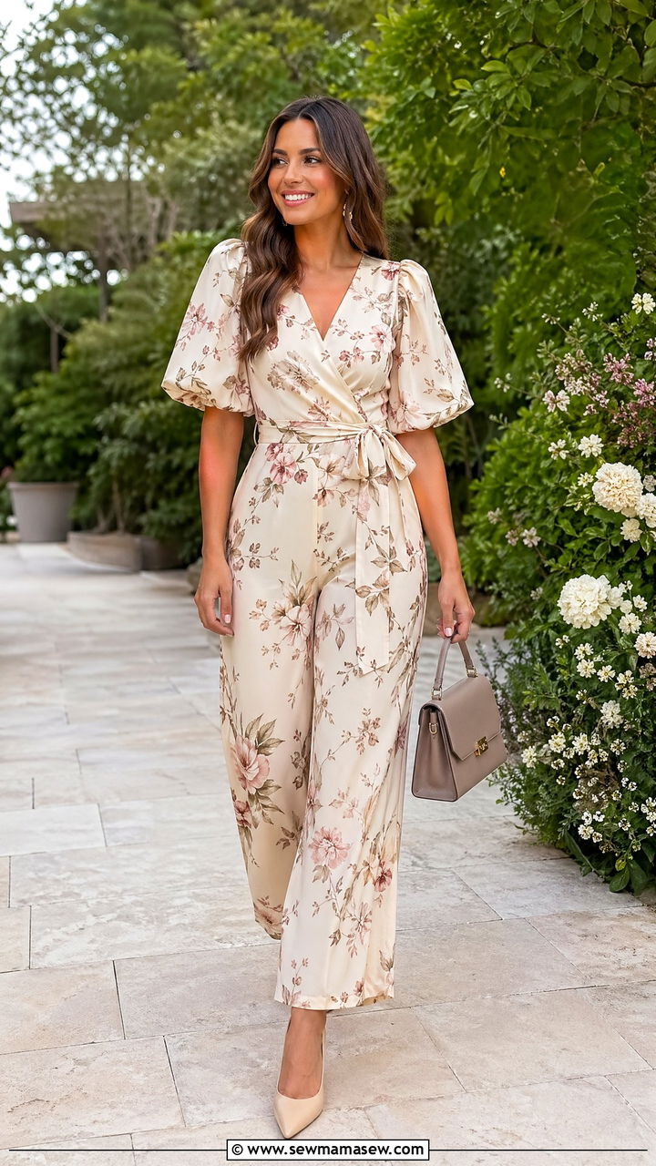 Cream Floral Wrap Jumpsuit With Pointed Toe Heels - 35 Wedding guest outfit ideas 2026