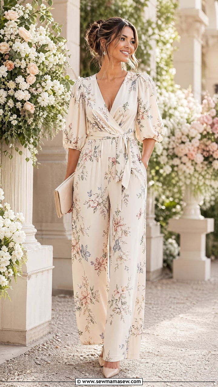 Cream Floral Wrap Jumpsuit - 35 wedding guest outfits