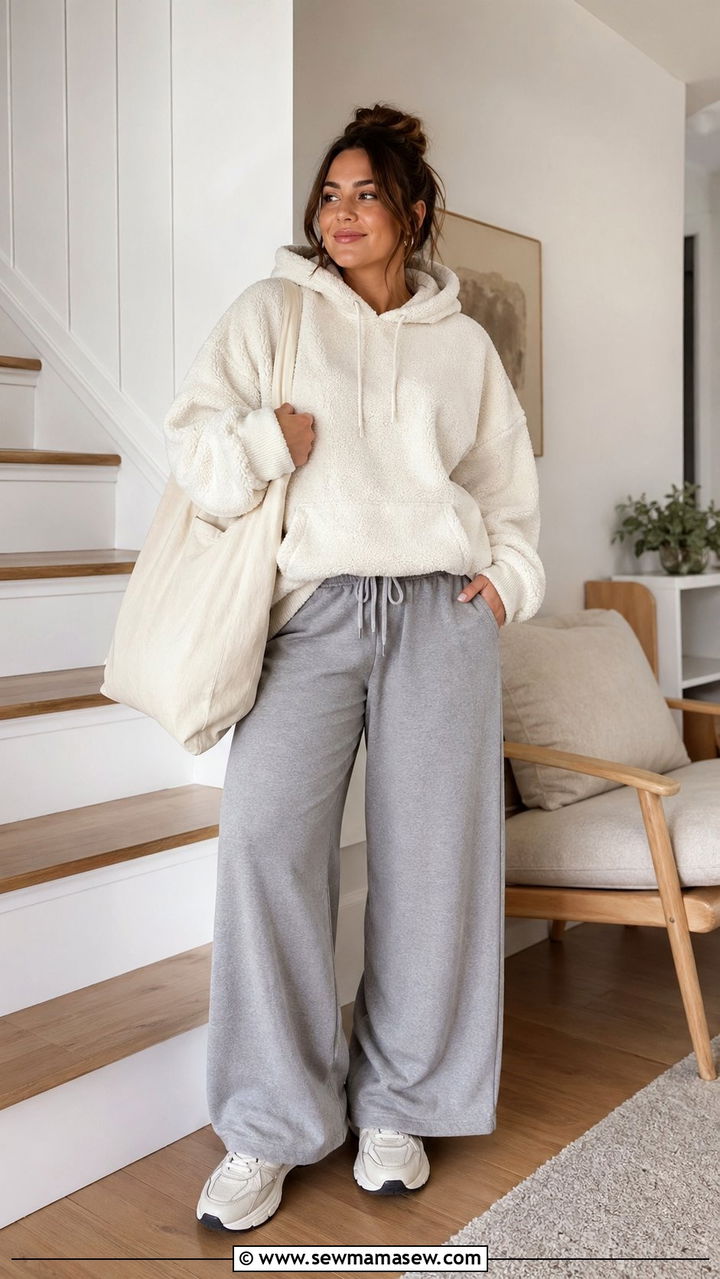 Cream Heavy Fleece Hoodie With Soft Grey Sweatpants - 35 Plus size gym outfit ideas