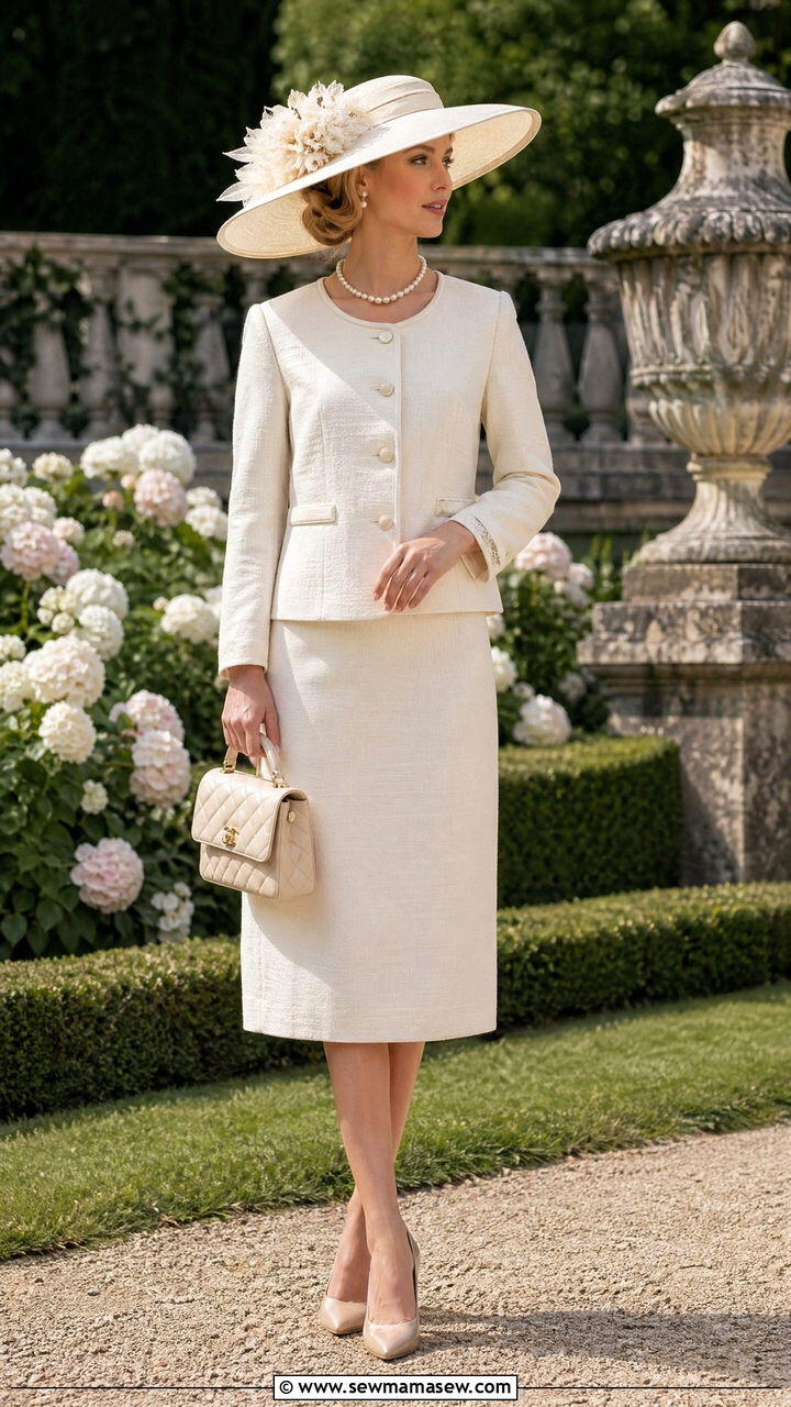 Cream Jacket and Midi Skirt with Gainsborough Hat - 35 classy old money outfits