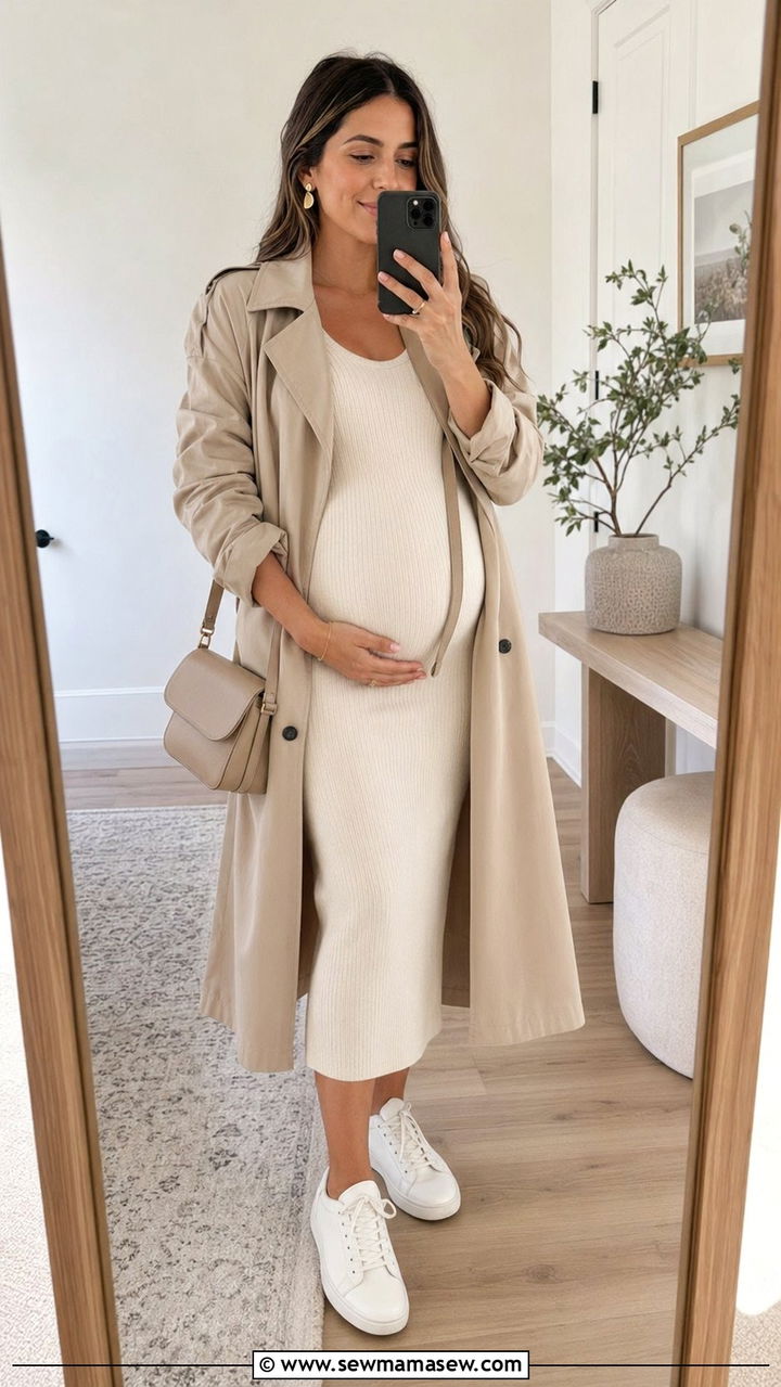 Cream Knit Midi Dress And White Sneakers Outfit - 35 pregnancy outfit ideas